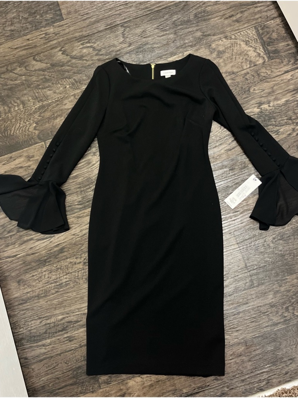 NWT Calvin Klein Black Long-Sleeve Sheath Dress with Ruffle Cuffs
